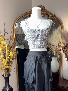 Apiece Apart Black and White Smocked Tie-Shoulder Crop Top
